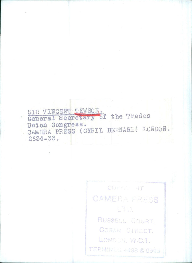 SIR VINCENT TEWSON. General Secretary of the Trades Union Congress. - Vintage Photograph