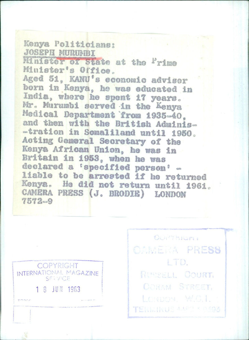 JOSEPH MURUMBI Minister of State at the Prime Minister's Office - Vintage Photograph