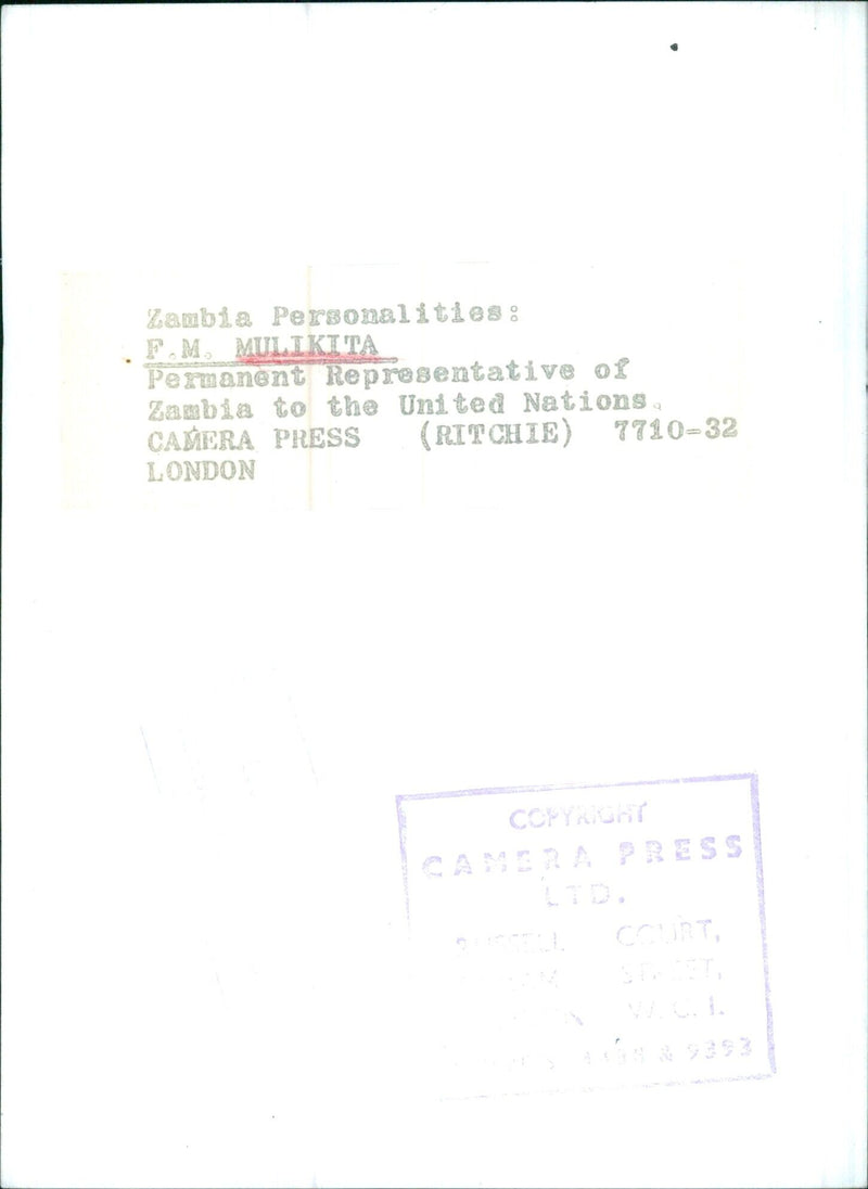 F.M. MULIKITA Permanent Representative of Zambia to the United Nations - Vintage Photograph