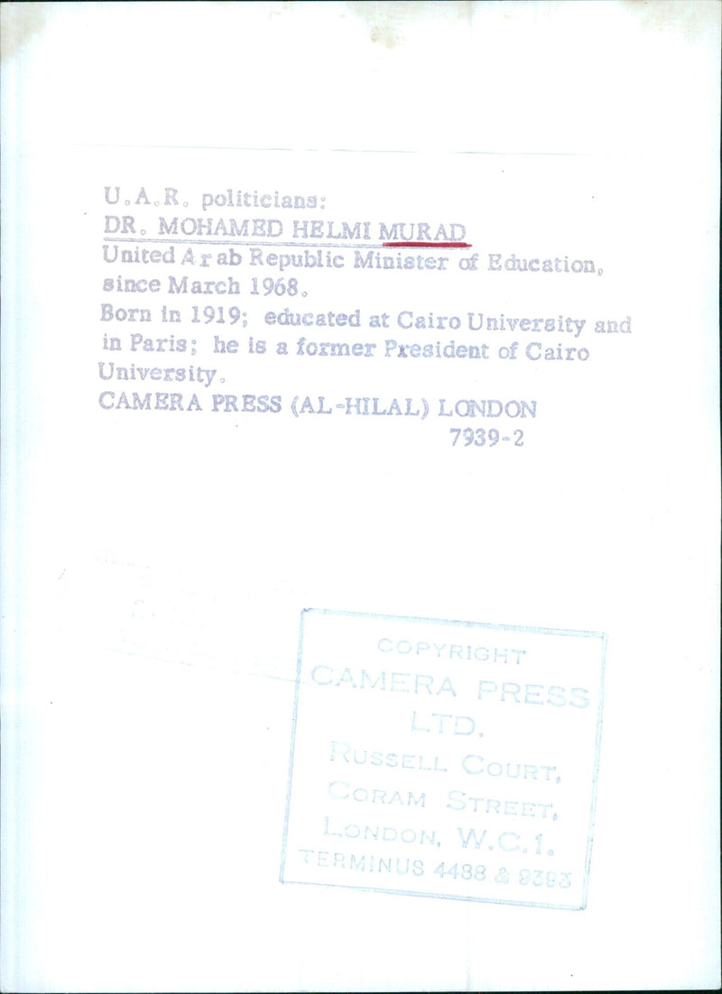 DR. MOHAMED HELMI MURAD, Ministro de Educación de la R.A.U. - Vintage Photograph