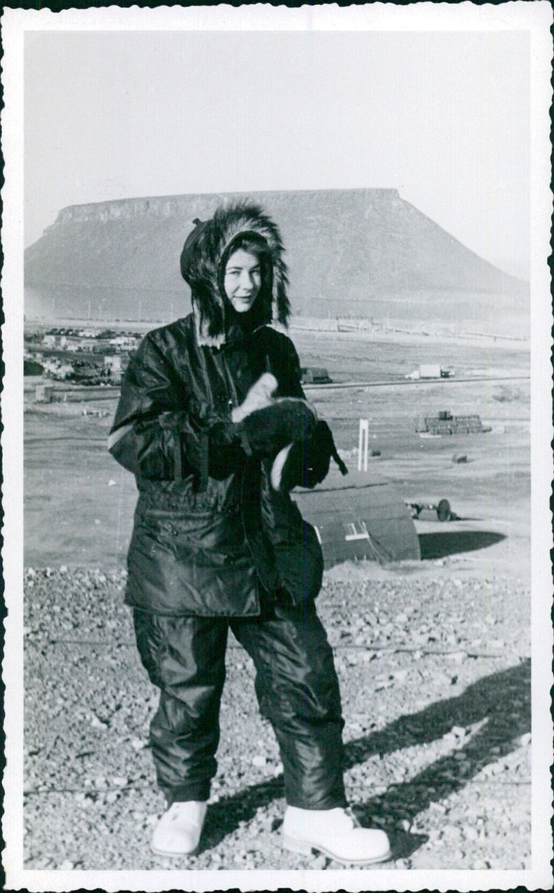 Head Nurse Nora Petruzzi in Arctic uniform in front of Thule Mountain - Vintage Photograph