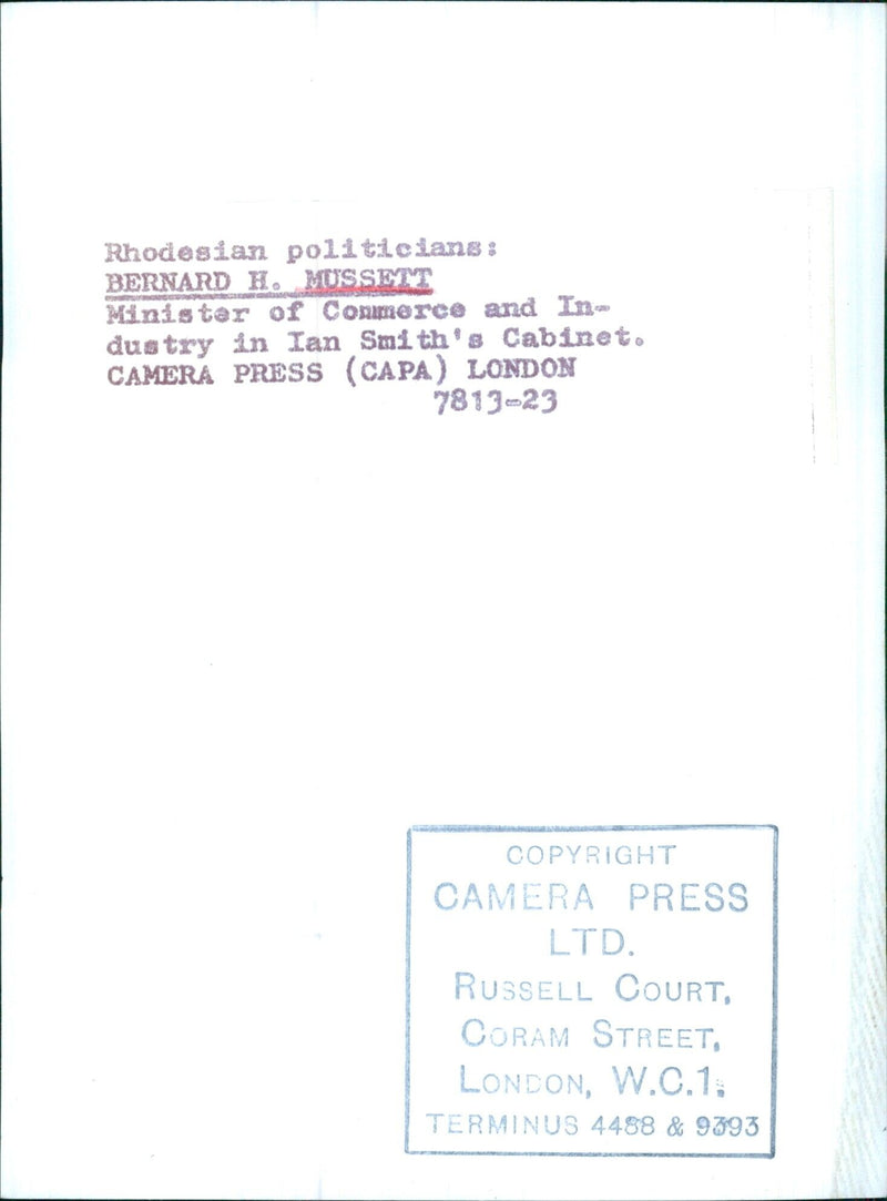 BERNARD H. MUSSETT, Minister of Commerce and Industry in Ian Smith's Cabinet - Vintage Photograph