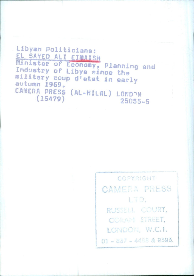 Libyan Politicians: EL SAYED ALI EIMAISH Minister of Economy, Planning and Industry of Libya since the military coup d'etat in early autumn 1969. - Vintage Photograph