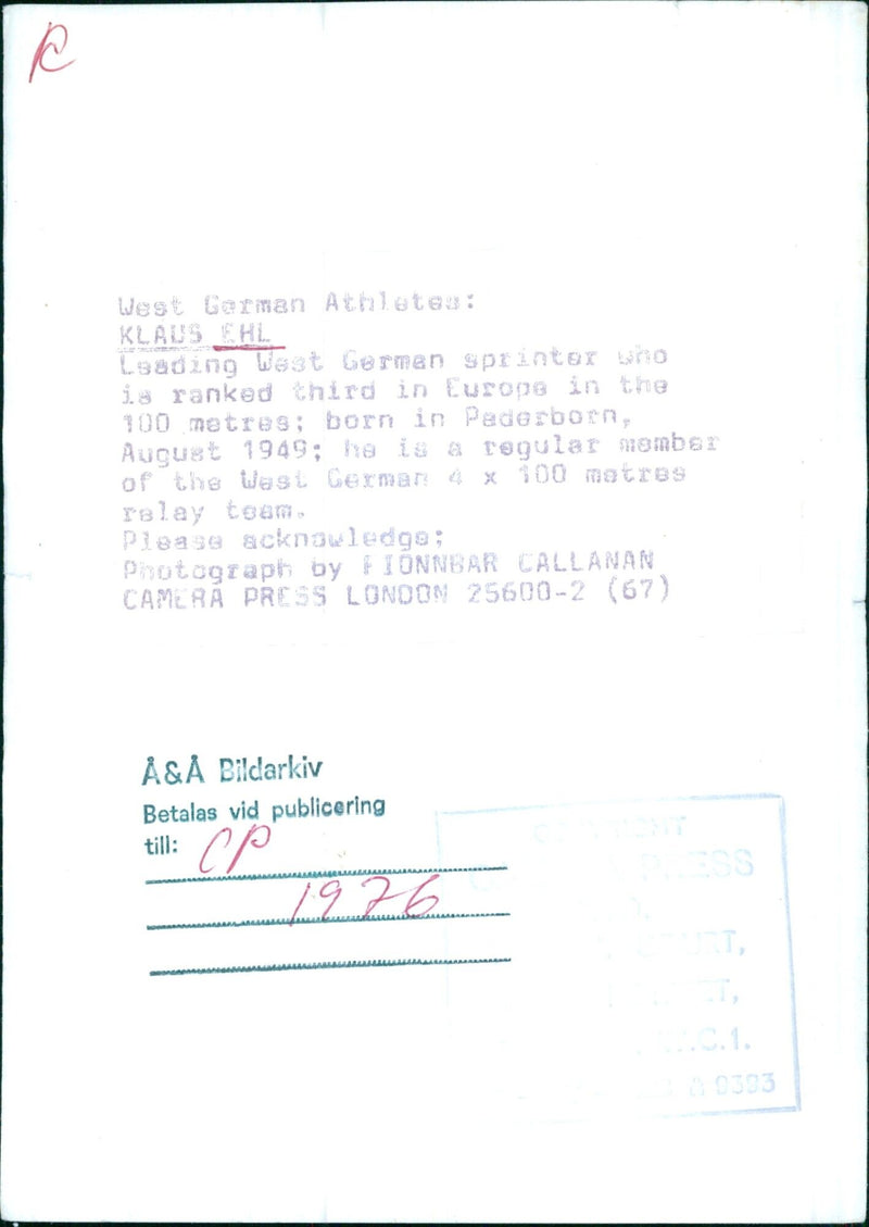 West German Athletes: KLAUS EHL - Vintage Photograph