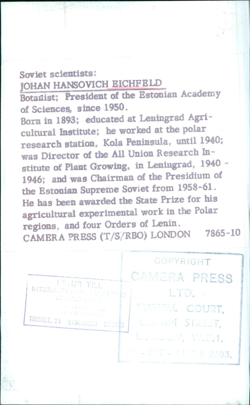 Soviet botanist and President of the Estonian Academy of Sciences, Johan Hansovich Eichfeld - Vintage Photograph