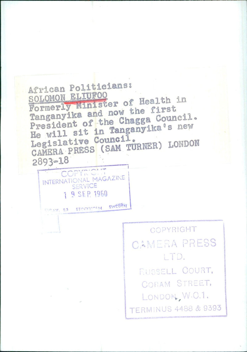 African Politicians: SOLOMON ELIUFOO Formerly Minister of Health in Tanganyika and now the first President of the Chagga Council. - Vintage Photograph