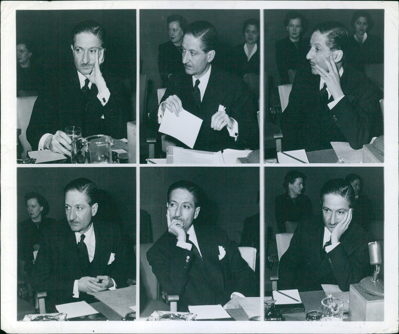 Six studies of Ambassador NASROLLAH ENTEZAM, of Iran, President of the fifth session of the United Nations General Assembly, as he conducts a meeting. - Vintage Photograph