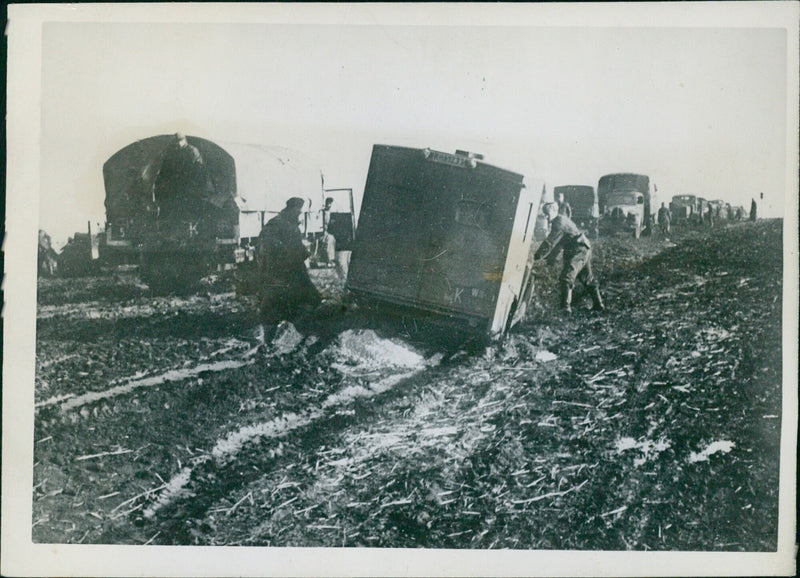 German transport columns on shaky ground, mud holes - Vintage Photograph