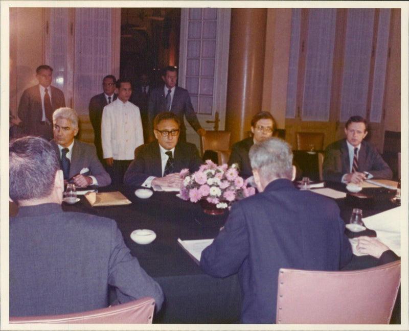 Dr. Henry Kissinger meets with North Vietnamese Prime Minister Pham Van Dong in Hanoi - Vintage Photograph