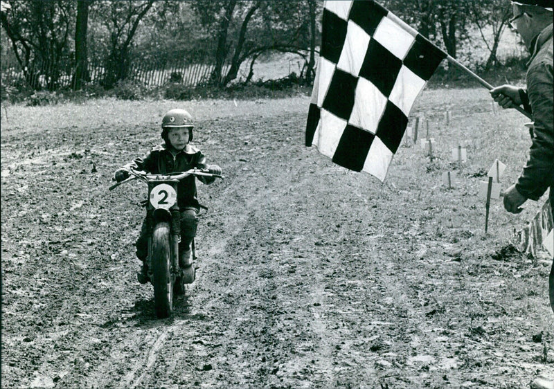 6-year-old Keir Doe wins another race on his Mini Scrambler - Vintage Photograph