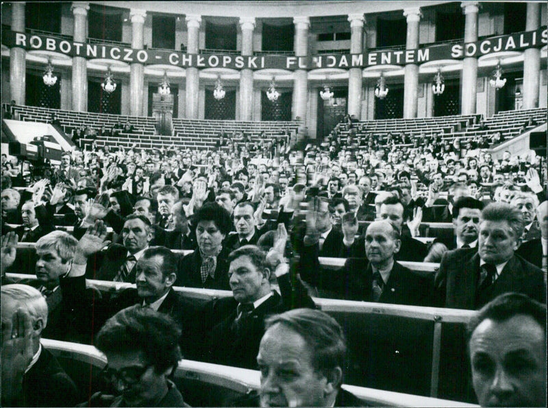 Delegates voting on a motion during a joint plenary session of the Central Committee of the Polish United Workers' Party and the Main Committee of the Farmers' Party - Vintage Photograph