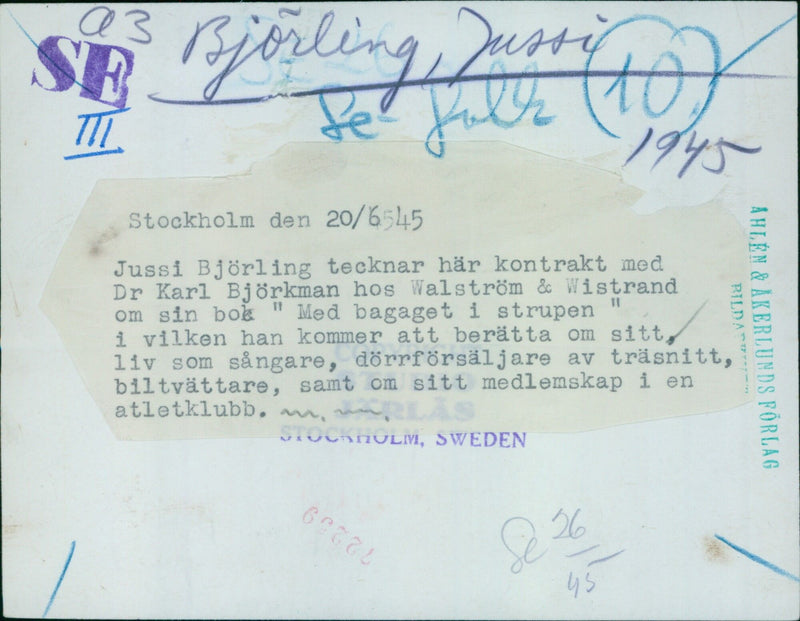 Jussi Björling signs contract with Dr Karl Björkman - Vintage Photograph