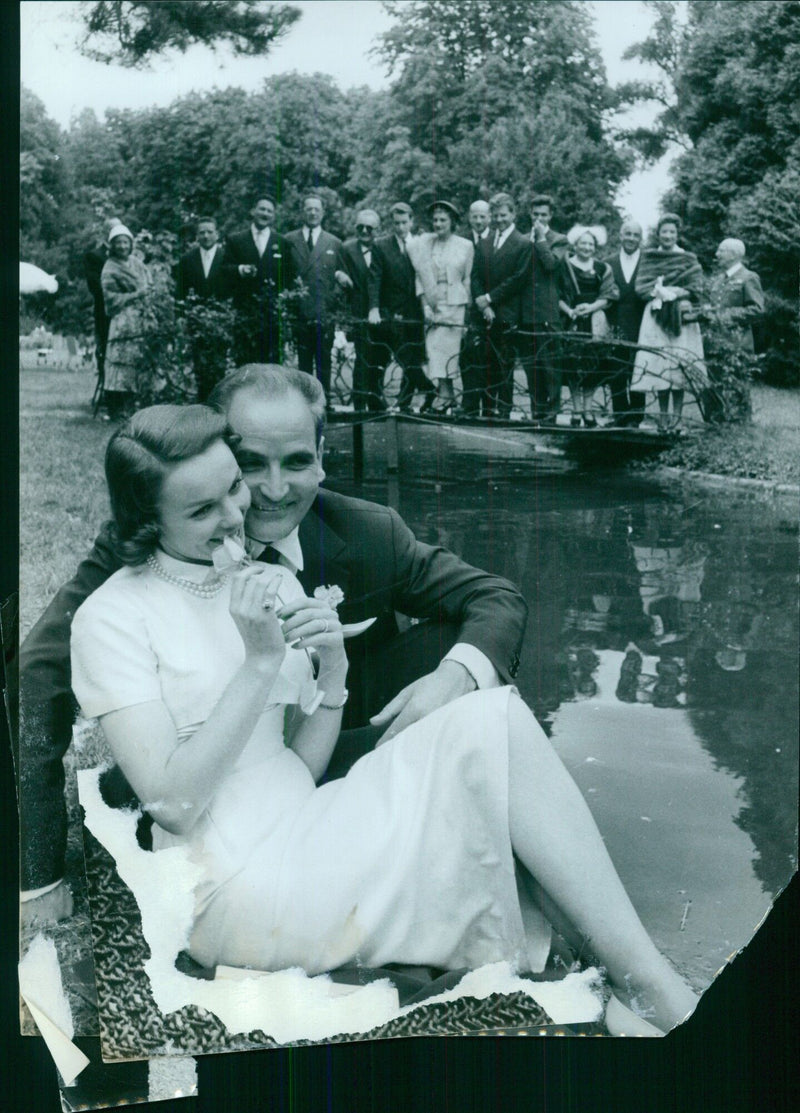 Newlyweds Francoise Arnoul in the park of their home in Louvecienne - Vintage Photograph