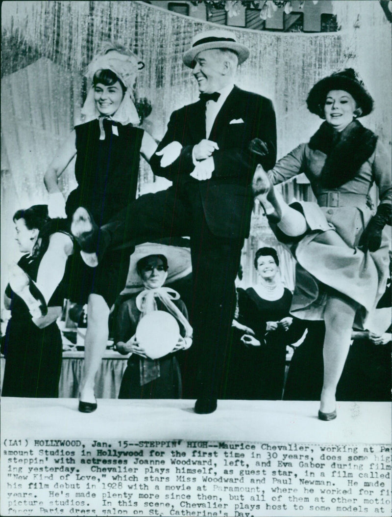 Maurice Chevalier does some high steppin' with Joanne Woodward and Eva Gabor - Vintage Photograph