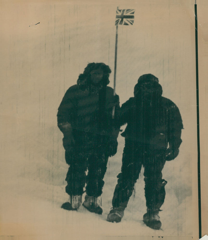 Expeditions of the two man holding a flag of UK. - Vintage Photograph