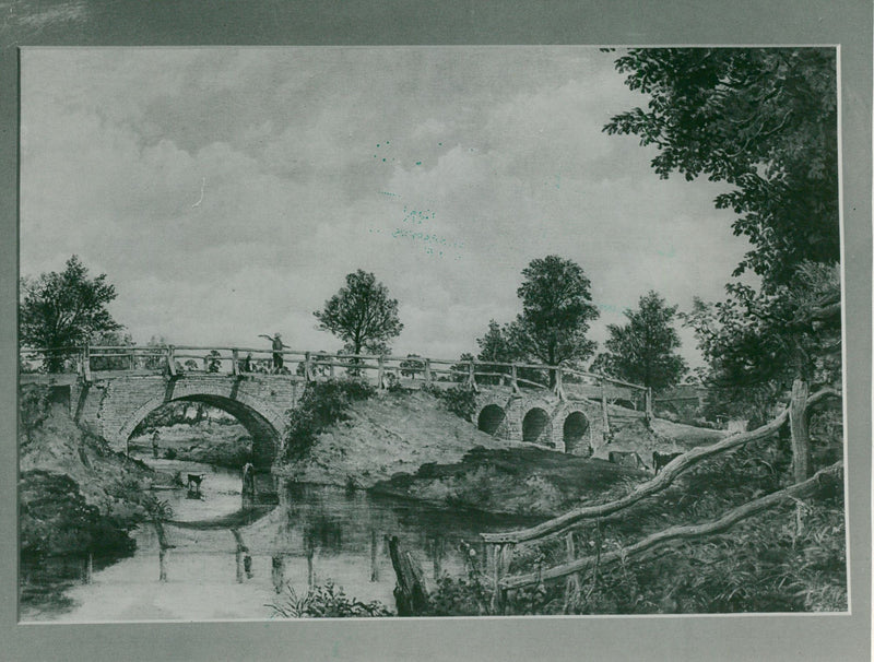 Landscape painting depicting a stone bridge - Vintage Photograph