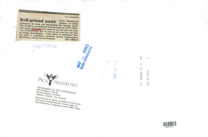 1990 SVDS AWADED LIGHT SMALLNESS AFTE UBAN HAVING JANSSON LEIF POET SWEDEN - Vintage Photograph