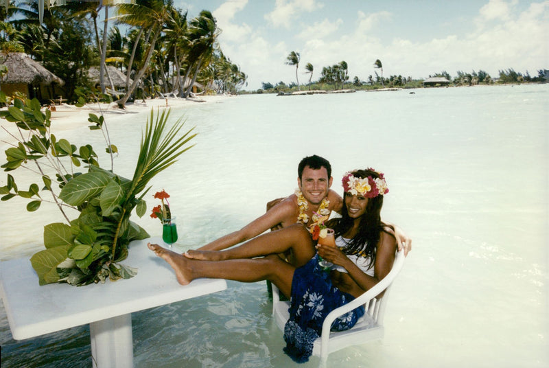 Traci Bingham and Robb Vallier on honeymoon in Tahiti - Vintage Photograph