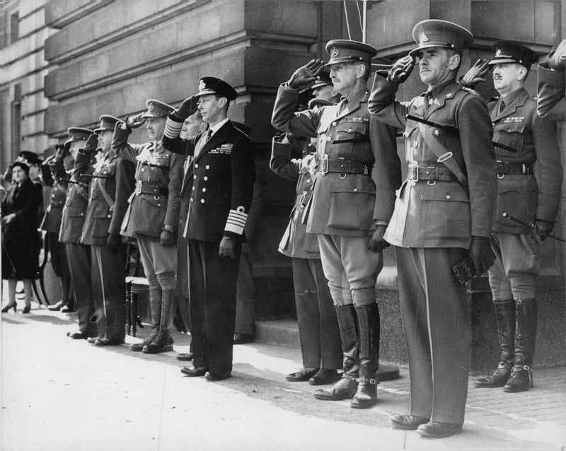 King Takes salute to french canadians take over palace guard. - Vintage Photograph