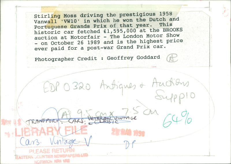 Stirling moss driving the 1958 vanwall vw10. - Vintage Photograph