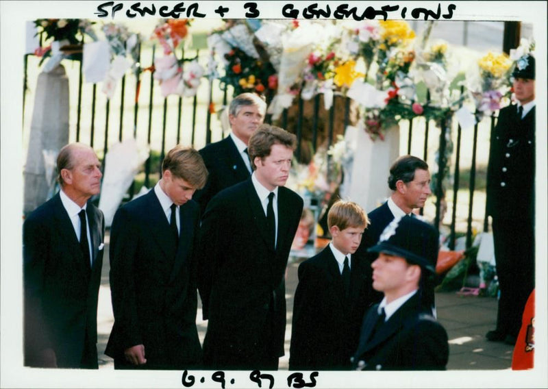 Duke of Edinburgh, Prince William, Earl Spencer, and Prince Harry in Princess Diana Funeral. - Vintage Photograph