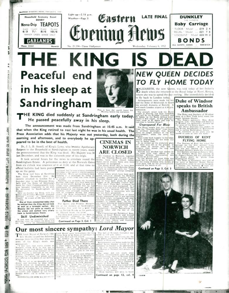 Eastern Evening News "The King is Dead" - Vintage Photograph