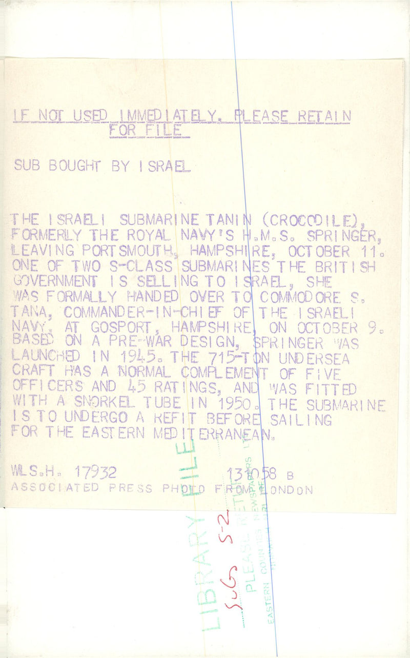 The Israeli Submarine Tanin, Crocodile - Vintage Photograph