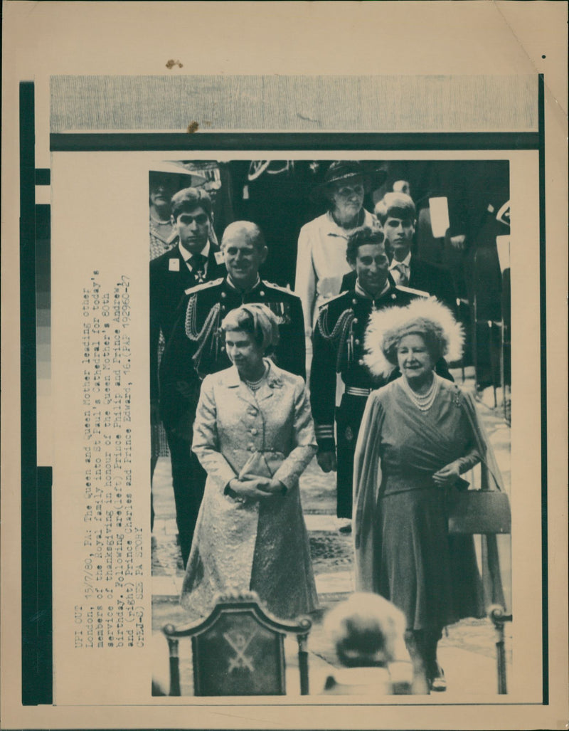 The Queen and The Queen Mother, rince Philip and  Prince Andrew, Prince Charles, and Prince Edward. - Vintage Photograph