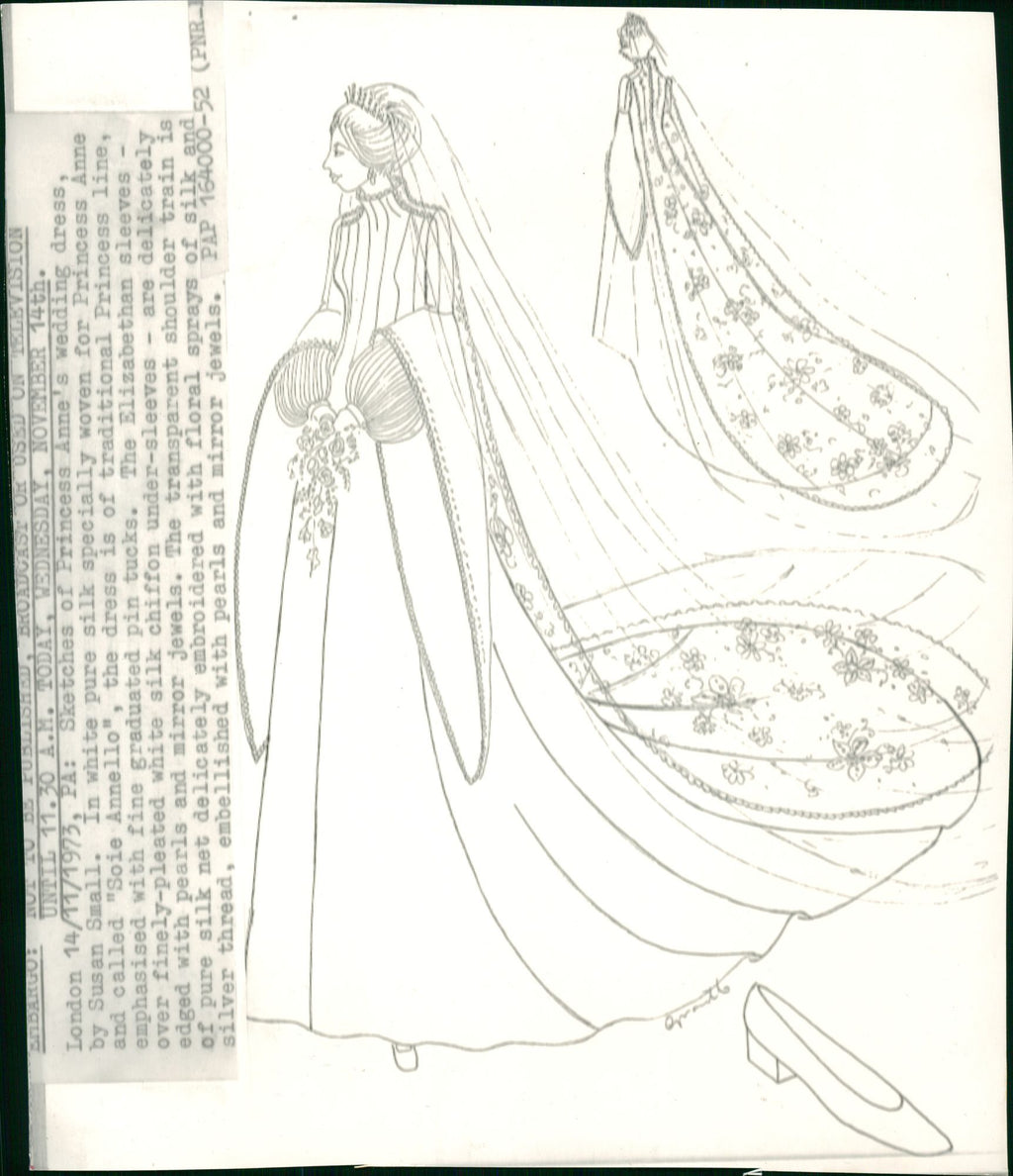 Sketches of Princess Anne's wedding dress by Susan Small Vintage Pho