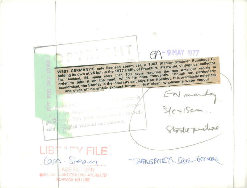 Cars: Steam: 1903 Stanley Steamer Runabout C with owner Fits Hochhut - Vintage Photograph