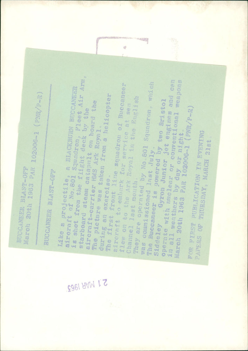 aircraft of No 801 Saundron, leet Aix Arn is shot trom the iight deck by the starboard ateann catapuit on board the aireraftmcarrier HMS Ark Royal. - Vintage Photograph
