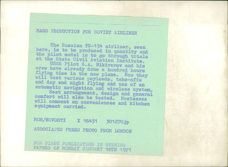 Russian TU-154 - Vintage Photograph