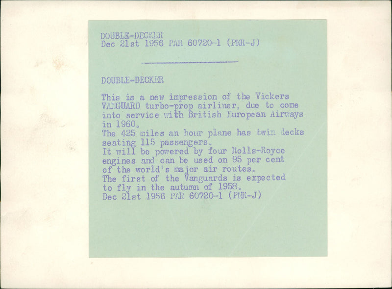 This is a new impression of the Vickers Vanguard turbo-prop airliner, due to come into service with British European Airways in 1960. - Vintage Photograph