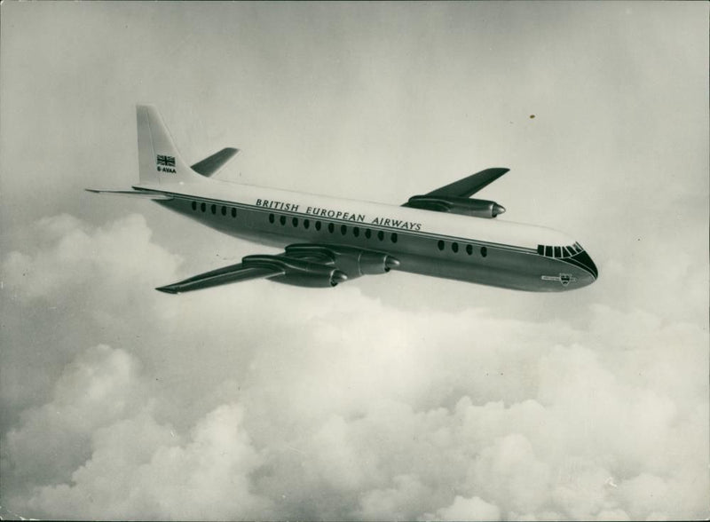 This is a new impression of the Vickers Vanguard turbo-prop airliner, due to come into service with British European Airways in 1960. - Vintage Photograph