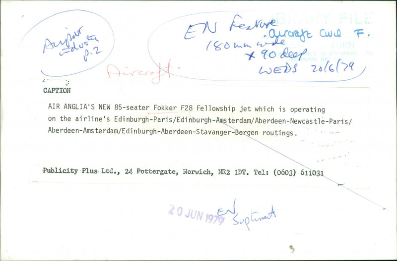 Aircraft: Air Anglia Fokker F 28 - Vintage Photograph