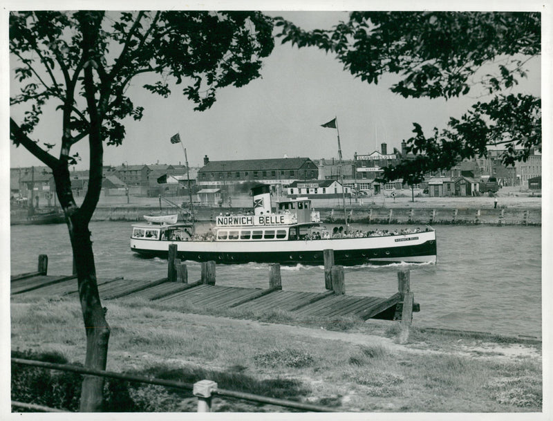 Norwich Belle with sunshine-soaking holidaymakers aboard, passing Ferry Hill - Vintage Photograph