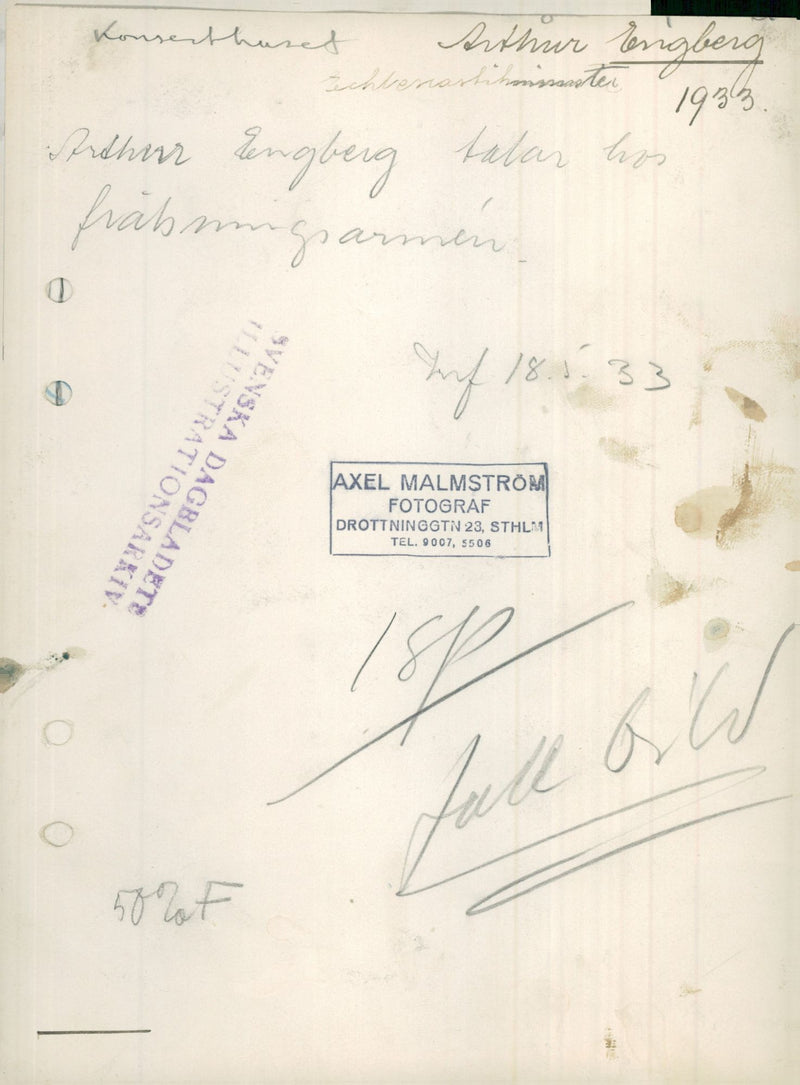 1933 PHOTOGRAPHER TEL ENGLISH ATHUIR ARDHUR LENGBERG CONCERT HALL - Vintage Photograph