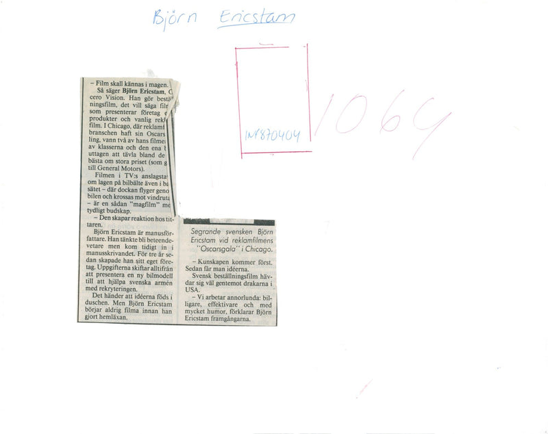 Björn Erictstam scriptwriter Cicero Vision at the commercial award ceremony - Vintage Photograph