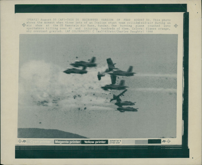 Aircrashes:three jets of an italian stunt team collided mid pair during an air show . - Vintage Photograph