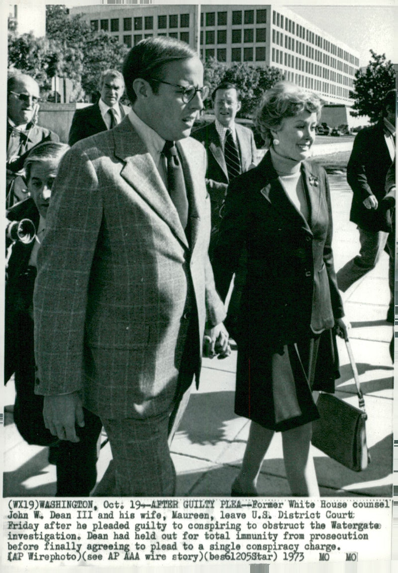John Dean leaves the district court with his wife Maureen after being guilty of trying to prevent the Watergate investigation - Vintage Photograph