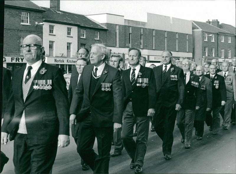 Veterans march through Dereham Market place. - Vintage Photograph