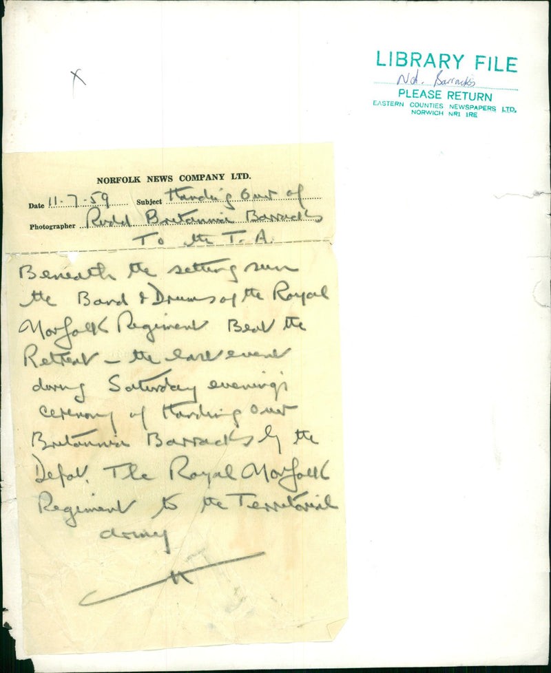 handing over  Britannia Barracks to T.A. - Vintage Photograph