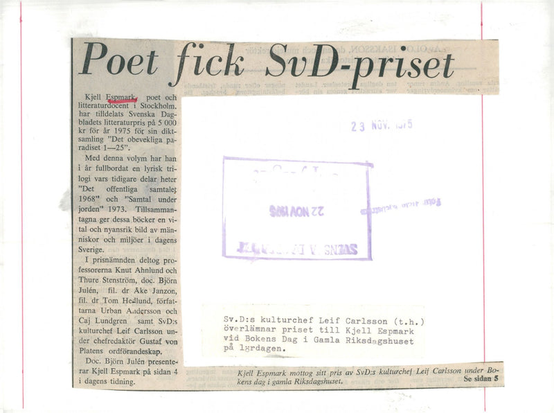 1975 DAGBLADETS HAS AWARDED LODGING GIVE UNDERGROUND THESE POET - Vintage Photograph