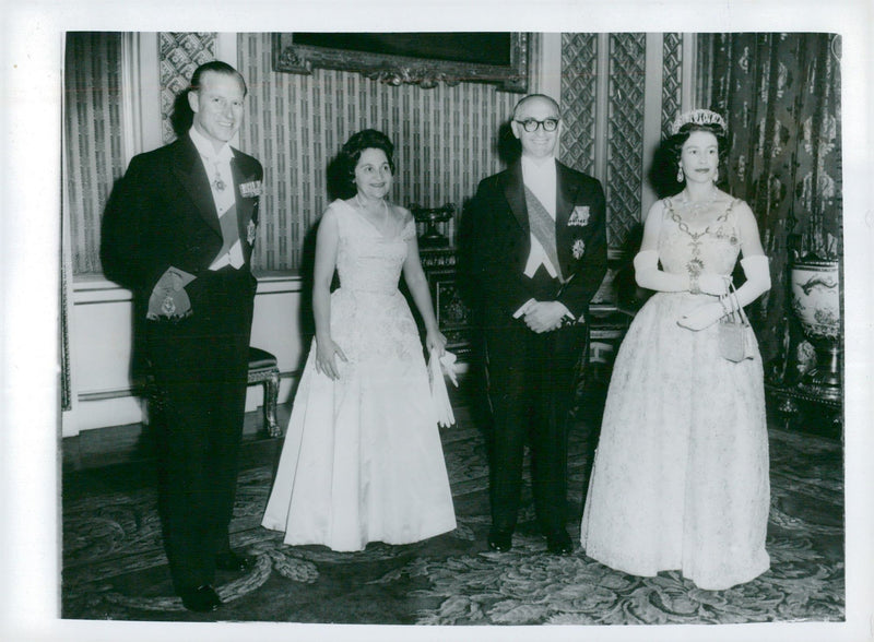 Prince Philip and Queen Elizabeth II with Arturo Frondizi and his spouse at Buckingham Palace - Vintage Photograph