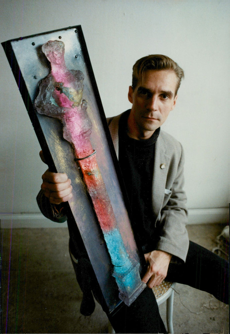 Hans Frode with his neon lighted glass relief - Vintage Photograph