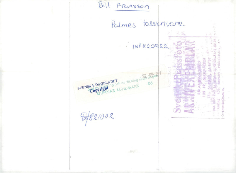 AND FRANSSON BILL SPEECHWRITER DAIBLADED GUN - Vintage Photograph