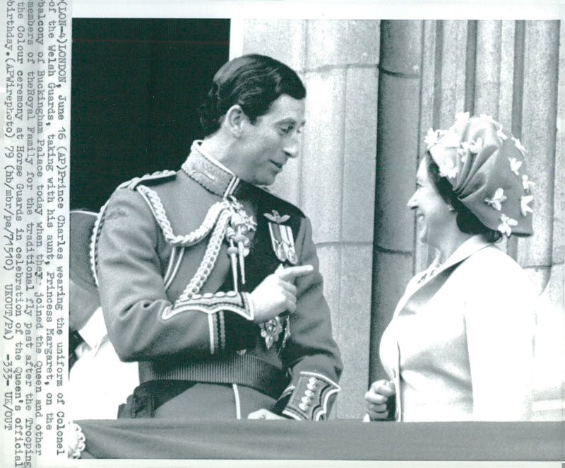 Prince Charles in conversation with his aunt Princess Margaret on the balcony of Buckingham Palace - Vintage Photograph