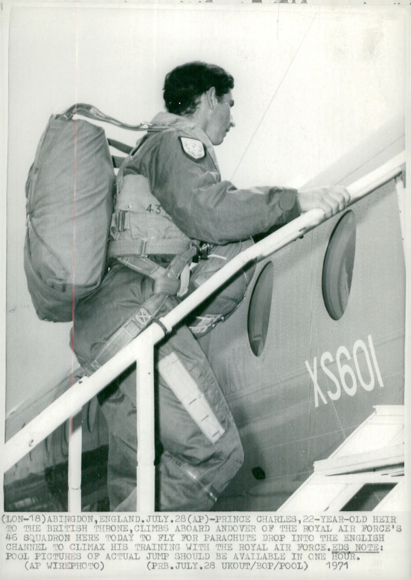 Prince Charles headed up in the airplane with a well-packed parachute - Vintage Photograph