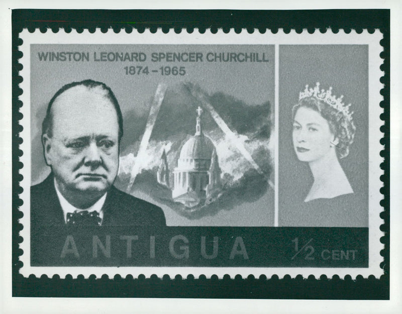 Stamp of Antigua with Winston Churchill and Queen Elizabeth II - Vintage Photograph
