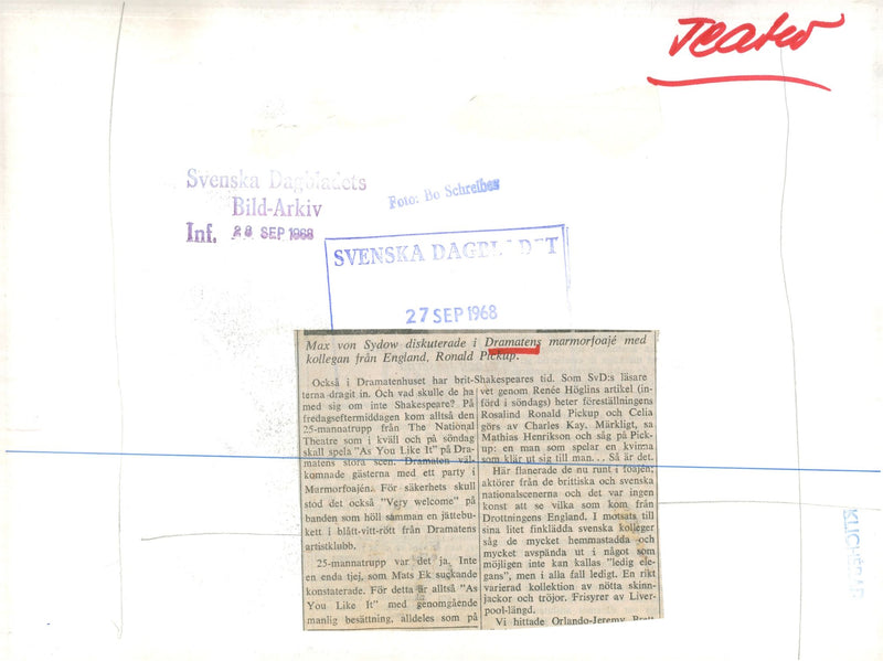 Max von Sydow discussed in the drama's marble foyer with his colleague from England, Ronald Pickup - Vintage Photograph